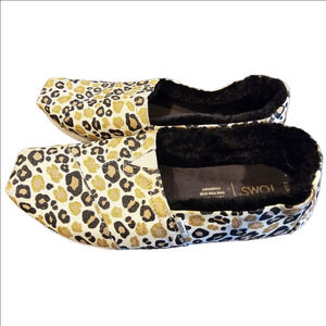 Toms Alpargata Faux Fur Lined Natural Glitter Cheetah Print Shoes Size 7.5